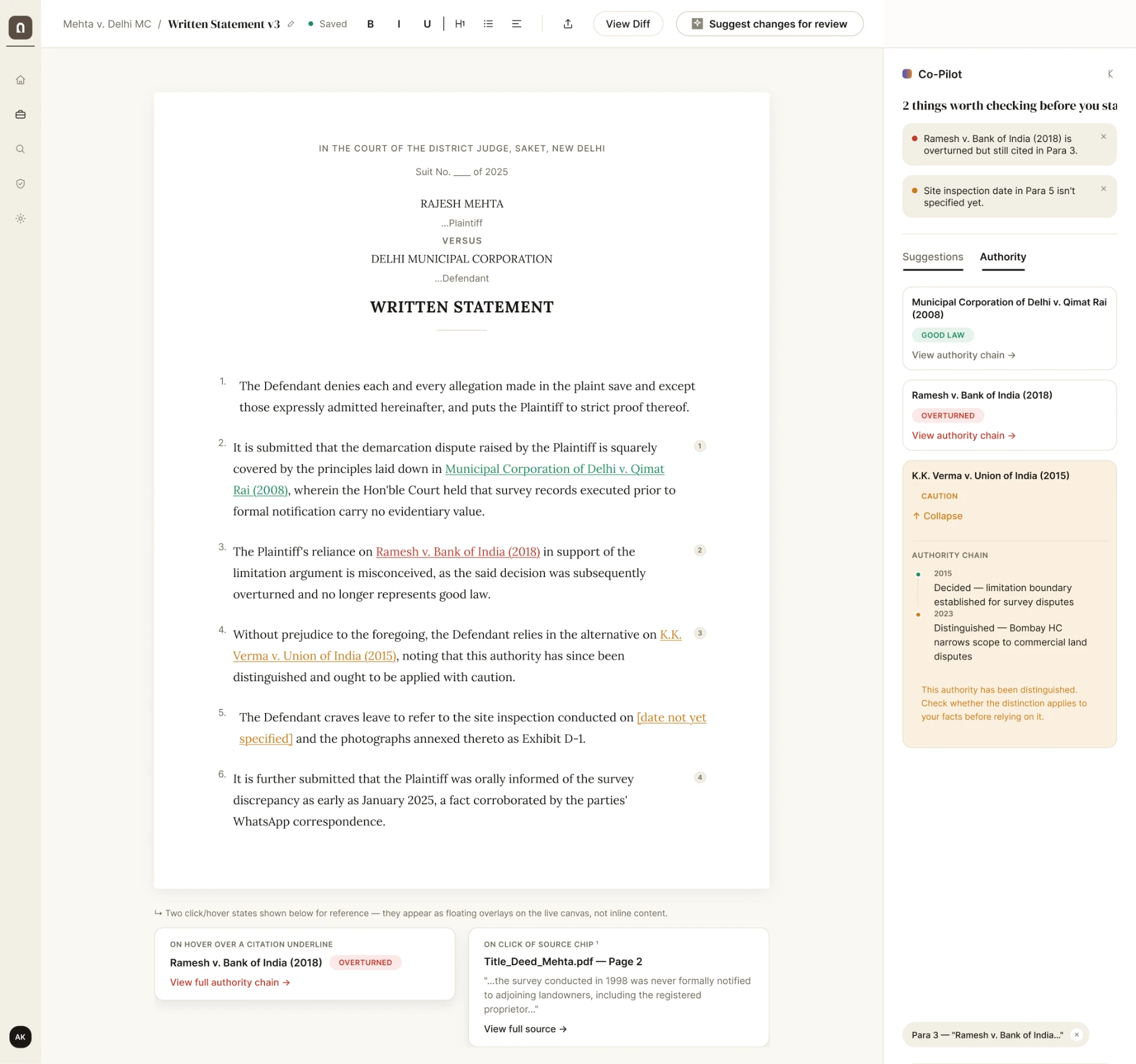 Complai workspace showing a written statement with live citation warnings and authority chain