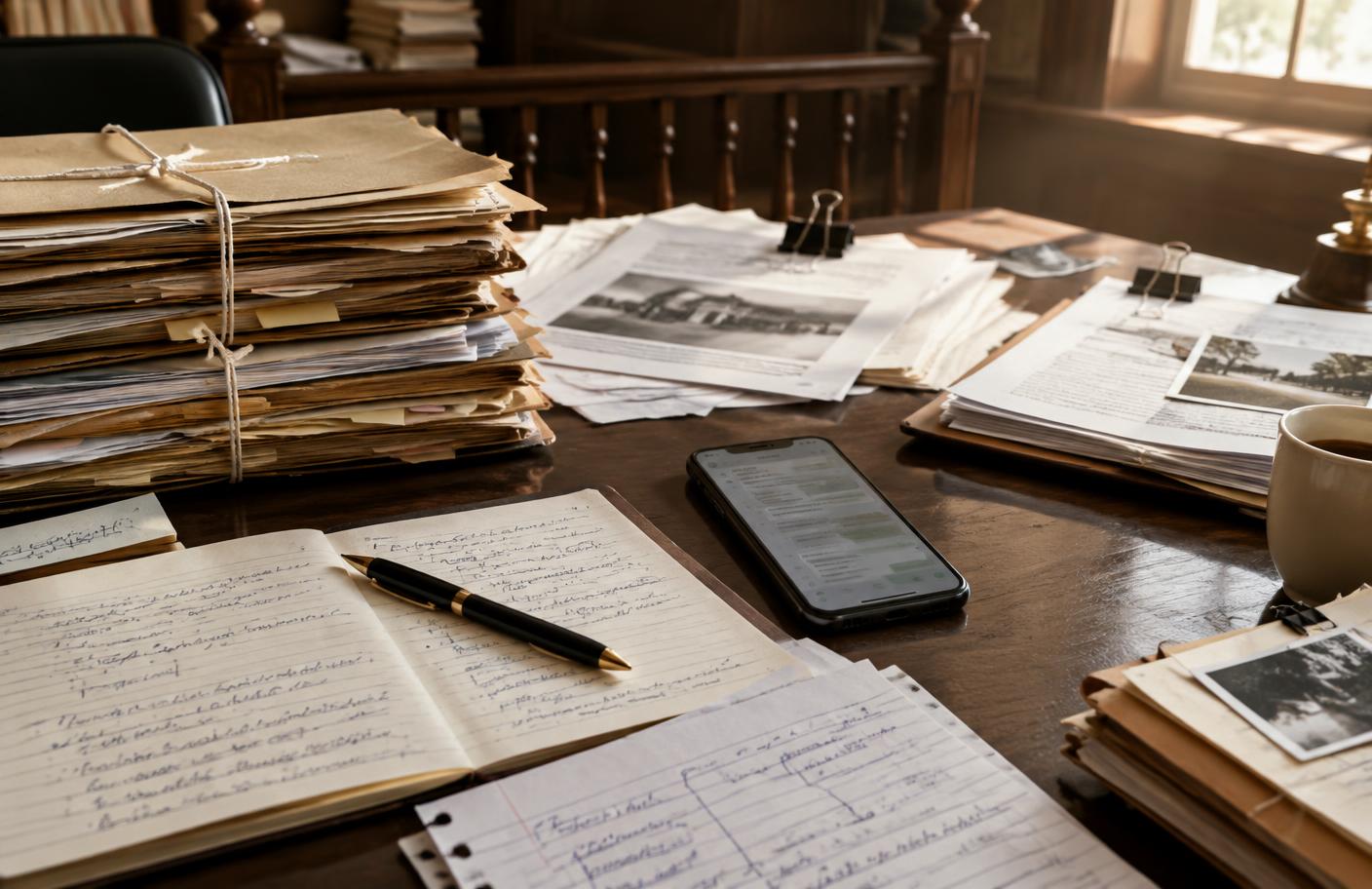 Case files, loose notes and a phone spread across a legal desk